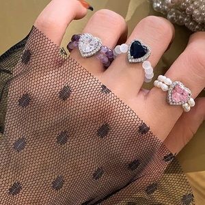 Y2K Retro Love Double Layer Baroque Natural Freshwater Pearl Adjustable Ring